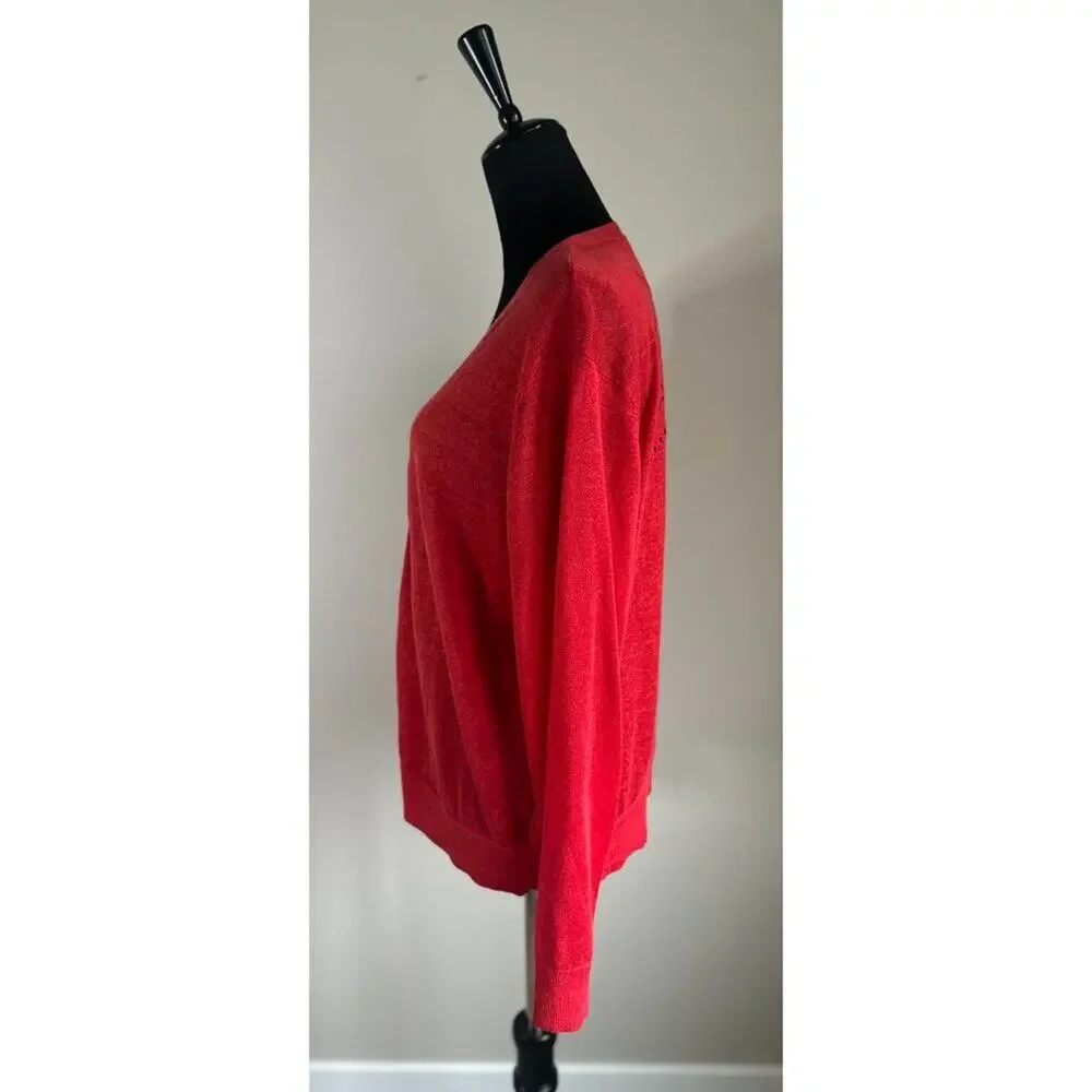 RALPH LAUREN Red Eyelet Back Long Sleeve Linen Cardigan Size XL